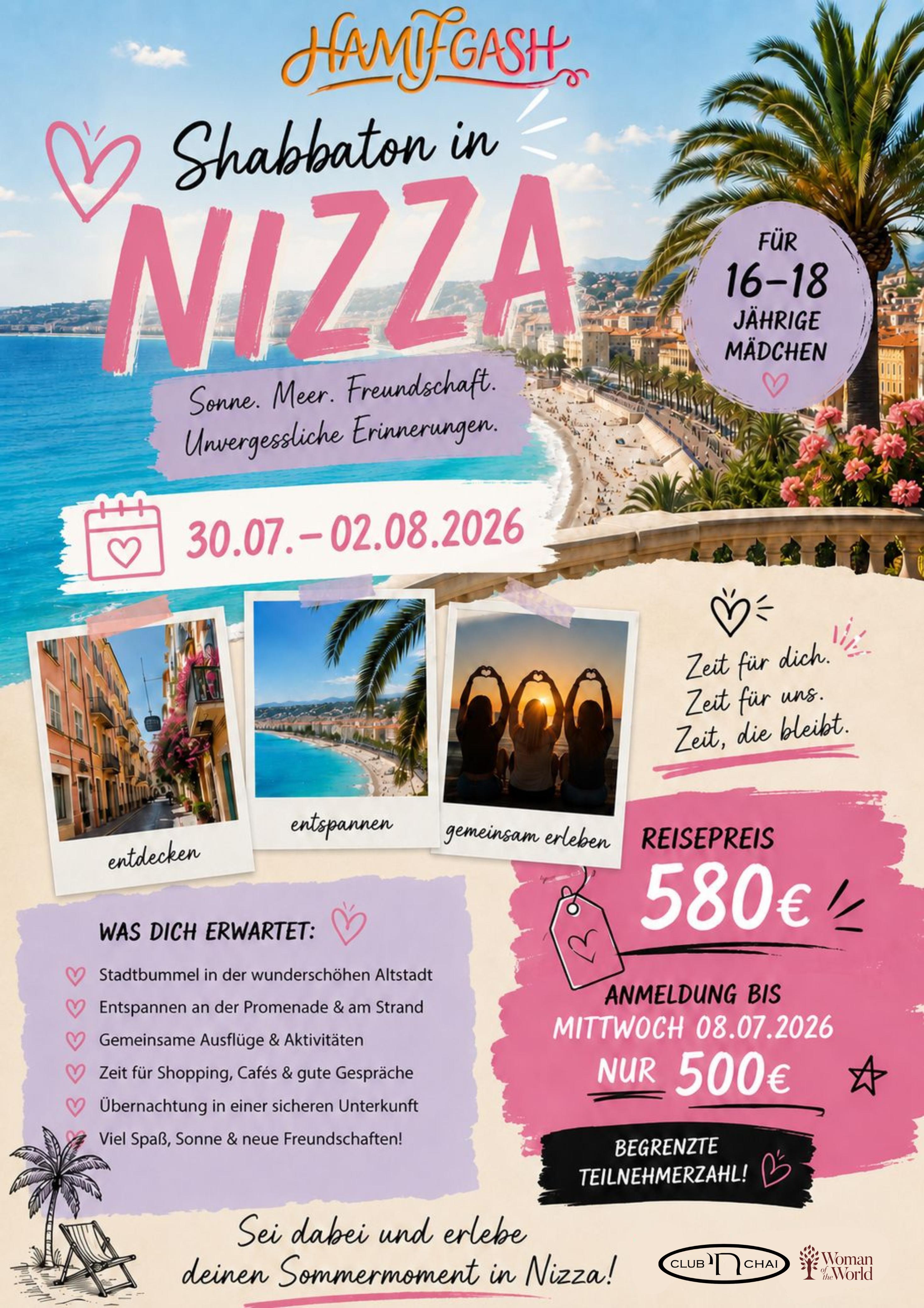 Flyer: Shabbaton in Nice, July 30 to August 2, 2026, for girls aged 16–18, trip price 580 euros